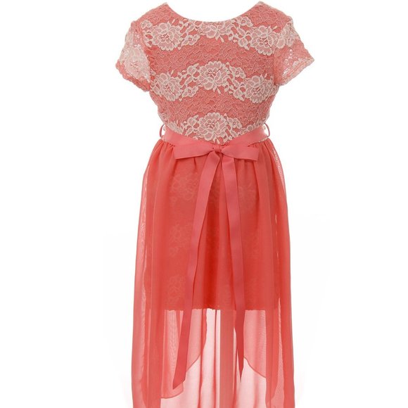 Girls Floral Lace Chiffon Pearl Birthday Holiday Party Flower Girl Dress Coral - Picture 2 of 5